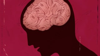 A drawing of a profile of a head with a pink brain made out of sad animals