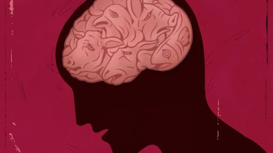 A drawing of a profile of a head with a pink brain made out of sad animals