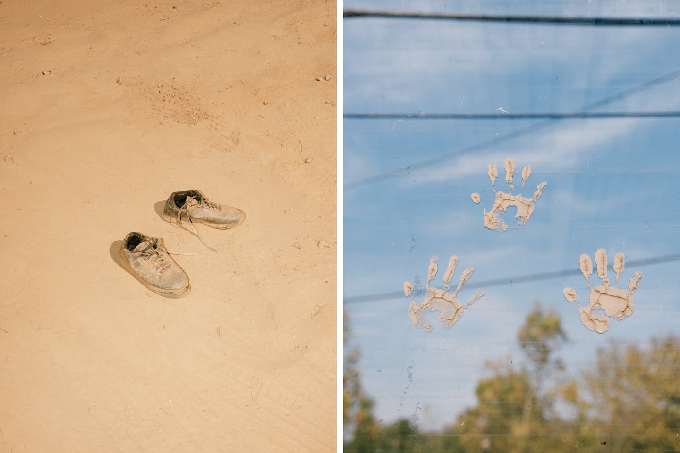 A photograph of abandoned shoes in mud, left. Muddy hand prints on a screen, right. 