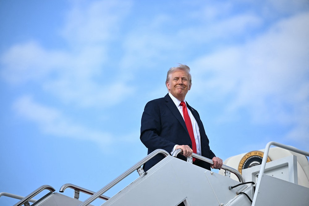 Trump smiling on tarmac