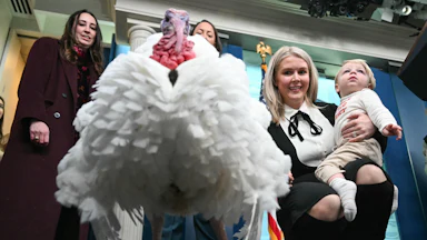 White House press secretary Karoline Leavitt holds her son as they look down at a turkey.