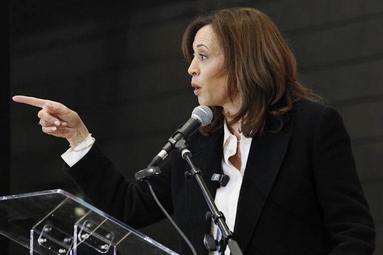 Former VP Kamala Harris speaks at a rally.