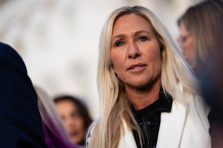 Republican Representative Marjorie Taylor Greene speaks at a rally.