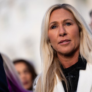 Republican Representative Marjorie Taylor Greene speaks at a rally.