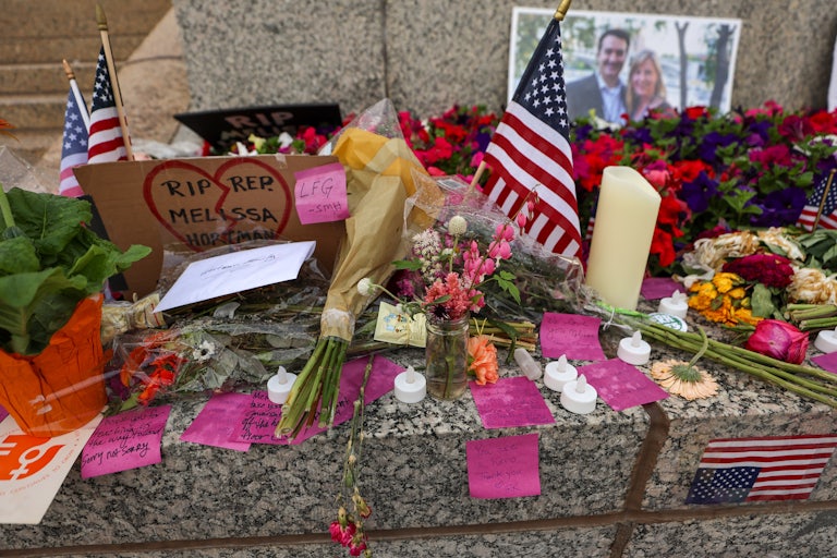 A temporary memorial for Minnesota state Representative Melissa Hortman and her husband Mark Hortman, who were shot dead by a gunman in a politically motivated attack