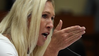 Marjorie Taylor Greene speaking in a congressional briefing