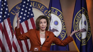 House Speaker Nancy Pelosi gestures as she speaks to reporters on Capitol Hill.