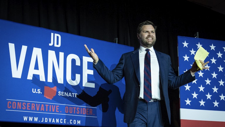 J.D. Vance celebrates after winning the Republican primary
