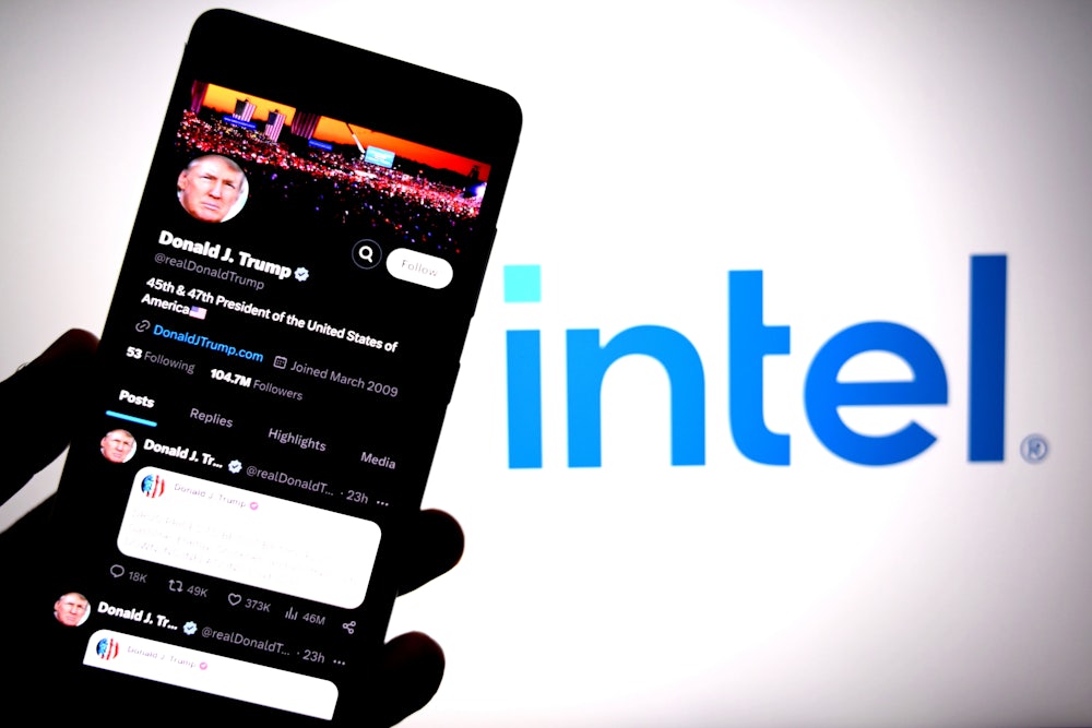 In this photo illustration, the Donald Trump X Page is seen displayed on a smartphone with an Intel logo in the background.