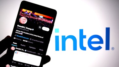 In this photo illustration, the Donald Trump X Page is seen displayed on a smartphone with an Intel logo in the background.