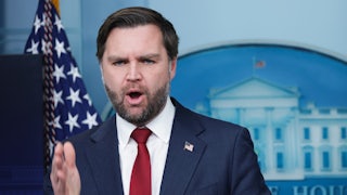 Vice President JD Vance gestures and speaks