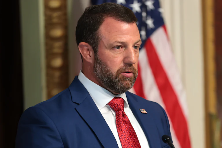 Homeland Security Secretary Markwayne Mullin speaks during a press conference