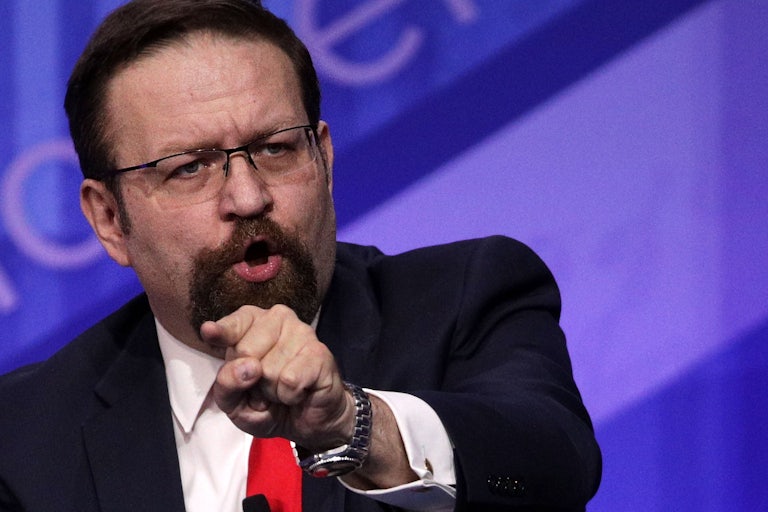 Seb Gorka points his finger and forcefully makes a point (like a blowhard) at CPAC