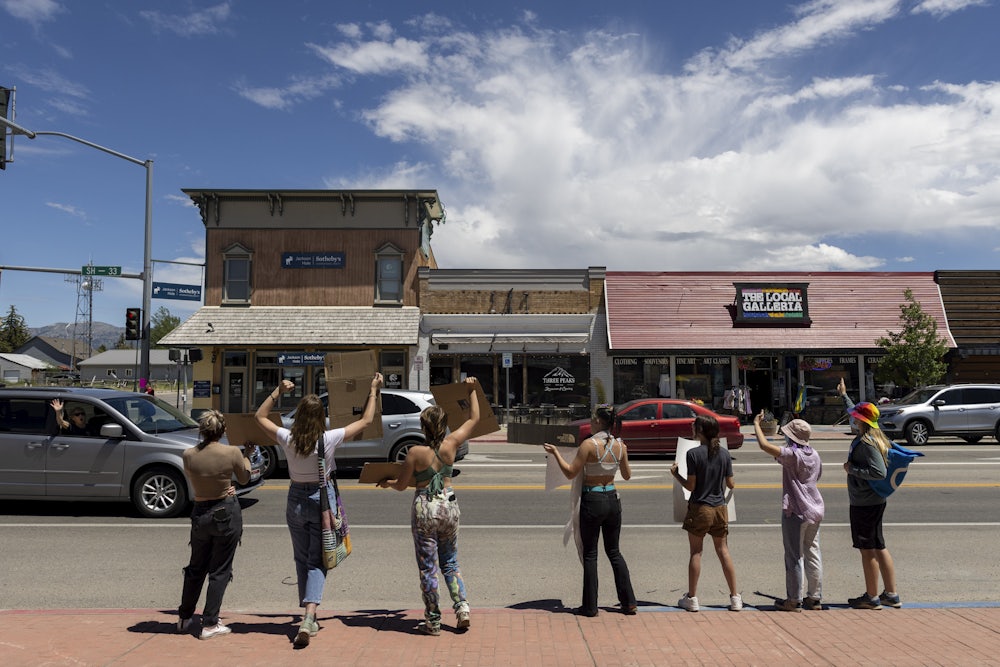 Protesters facing away from the camera hold signs on a street.