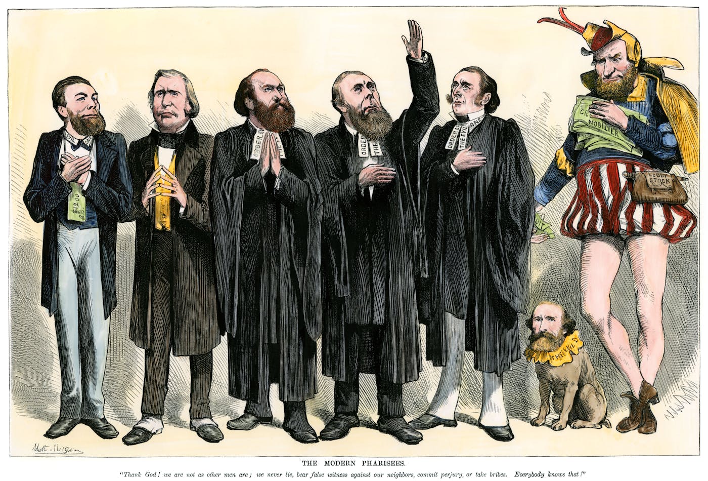 A woodcut from 1873 depicting the Crédit Mobilier scandal during the Grant administration.