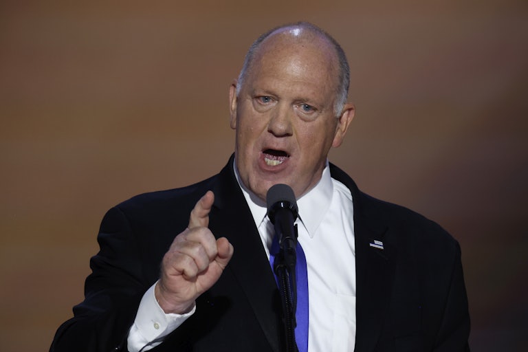 Tom Homan gestures while speaking at the Republican National Convention