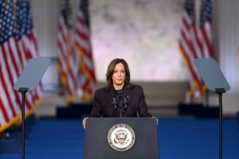 Kamala Harris stands at a podium outside Howard University