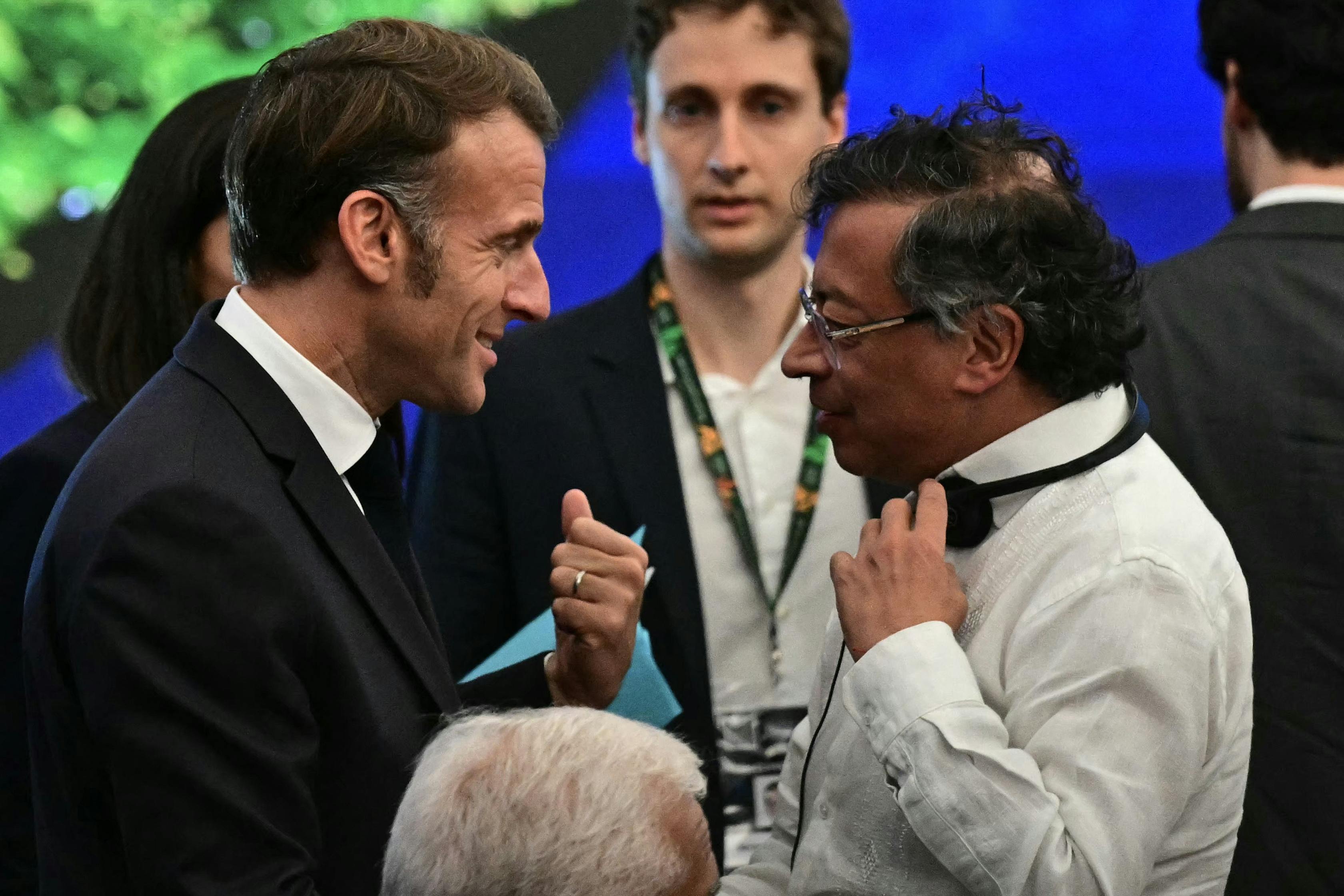 France’s President Emmanuel Macron talks with Colombia’s President Gustavo Petro during the COP30 UN Climate Change Conference.