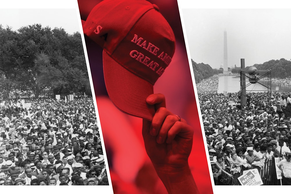Image of the 1963 civil rights demonstration in Washington D.C. interrupted by an image of a person waving a MAGA cap