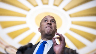 Cory Booker conducts a news conference after the senate luncheons in the U.S. Capitol.