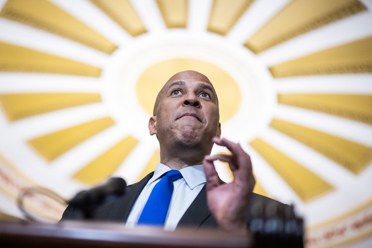 Cory Booker conducts a news conference after the senate luncheons in the U.S. Capitol.