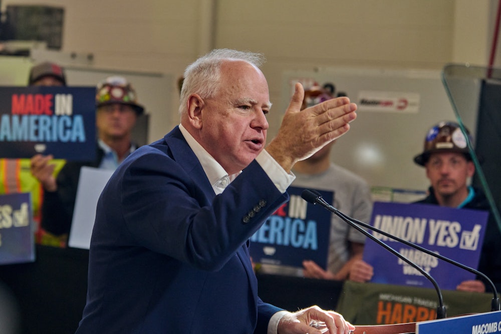 Democratic vice presidential candidate Tim Walz speaks at Macomb County Community College Robert E. Turner Advanced Technology Center in Warren, Michigan.