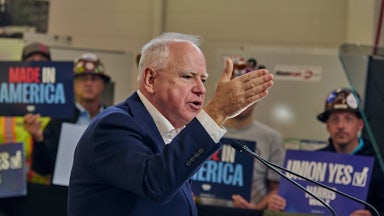 Democratic vice presidential candidate Tim Walz speaks at Macomb County Community College Robert E. Turner Advanced Technology Center in Warren, Michigan.