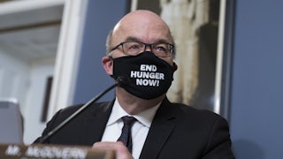 Massachusetts Rep. Jim McGovern, seen wearing one of his ubiquitous "End Hunger Now" masks.