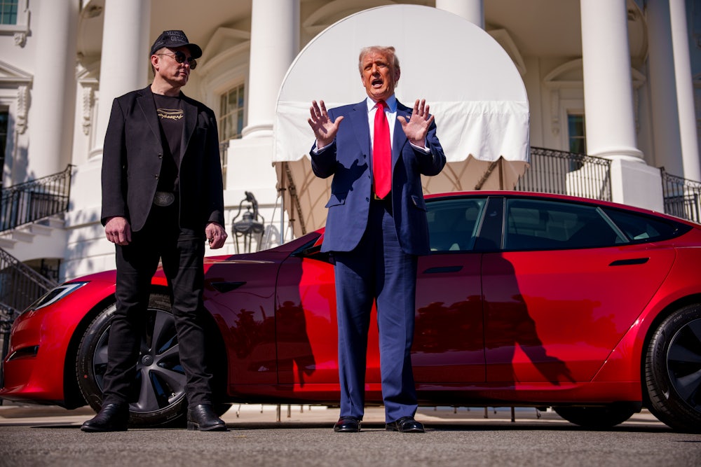 Donald Trump, accompanied by Elon Musk stage an impromptu commercial for Tesla on the South Lawn of the White House.