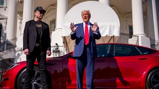 Donald Trump, accompanied by Elon Musk stage an impromptu commercial for Tesla on the South Lawn of the White House.