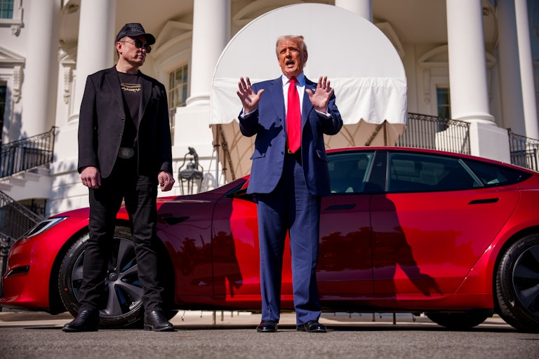 Donald Trump, accompanied by Elon Musk stage an impromptu commercial for Tesla on the South Lawn of the White House.