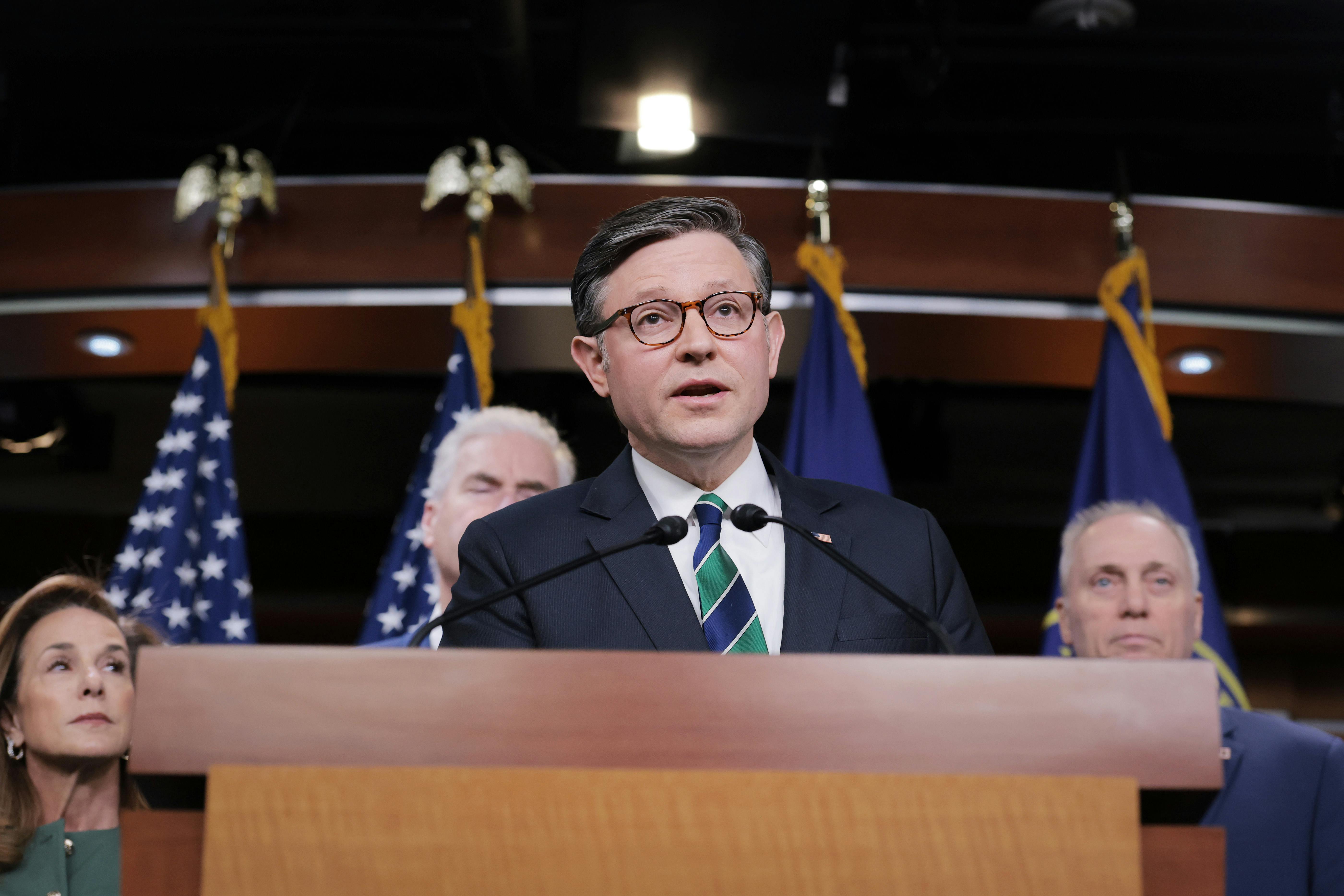 House Speaker Mike Johnson speaks during a news conference 