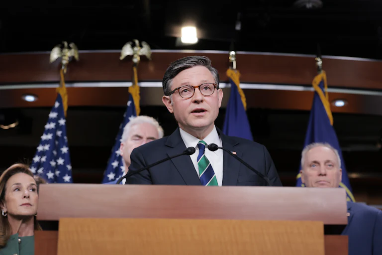 House Speaker Mike Johnson speaks during a news conference