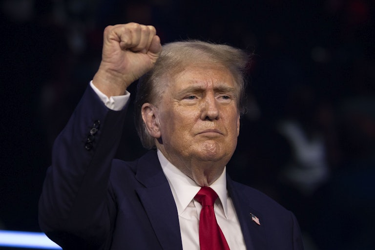 Donald Trump smiles weirdly and raises his fist as if in victory
