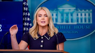 White House Press Secretary Karoline Leavitt addresses reporters at a press conference on August 12.