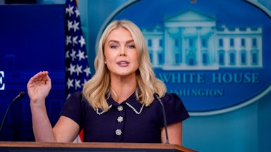 White House Press Secretary Karoline Leavitt addresses reporters at a press conference on August 12.