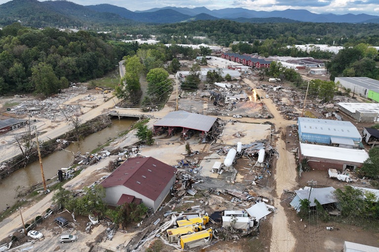 An aerial view of flood damage from Hurricane Helene in Asheville, North Carolina