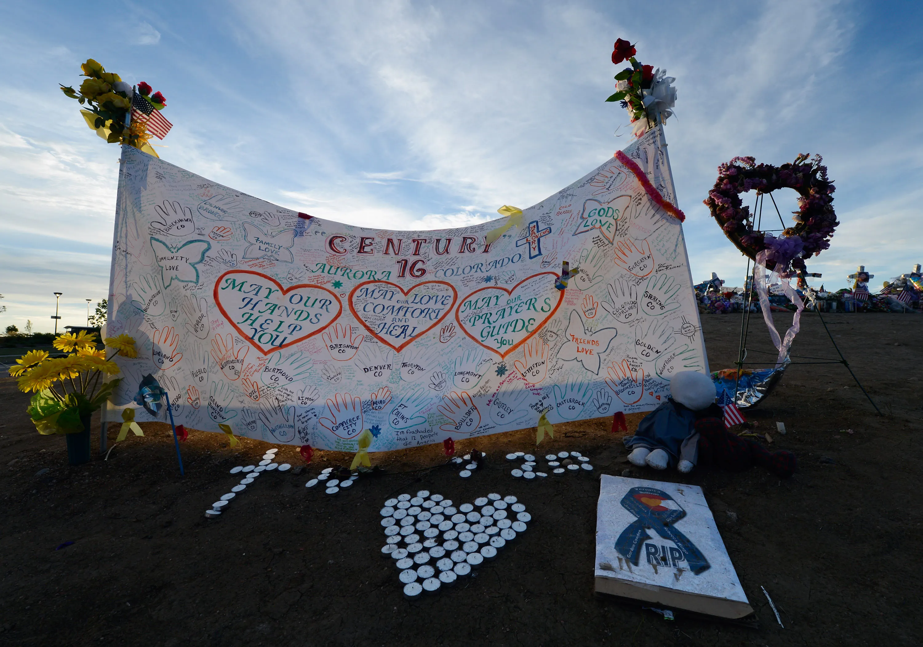 A memorial for the victims of a mass shooting in Aurora, Colorado