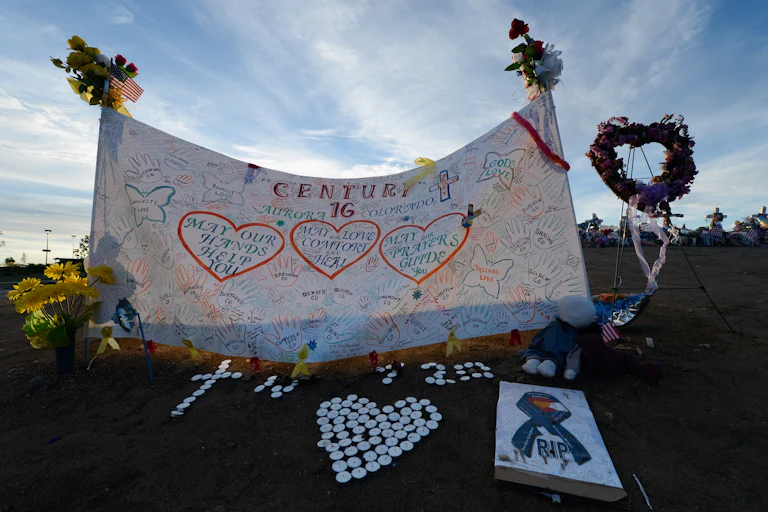 A memorial for the victims of a mass shooting in Aurora, Colorado