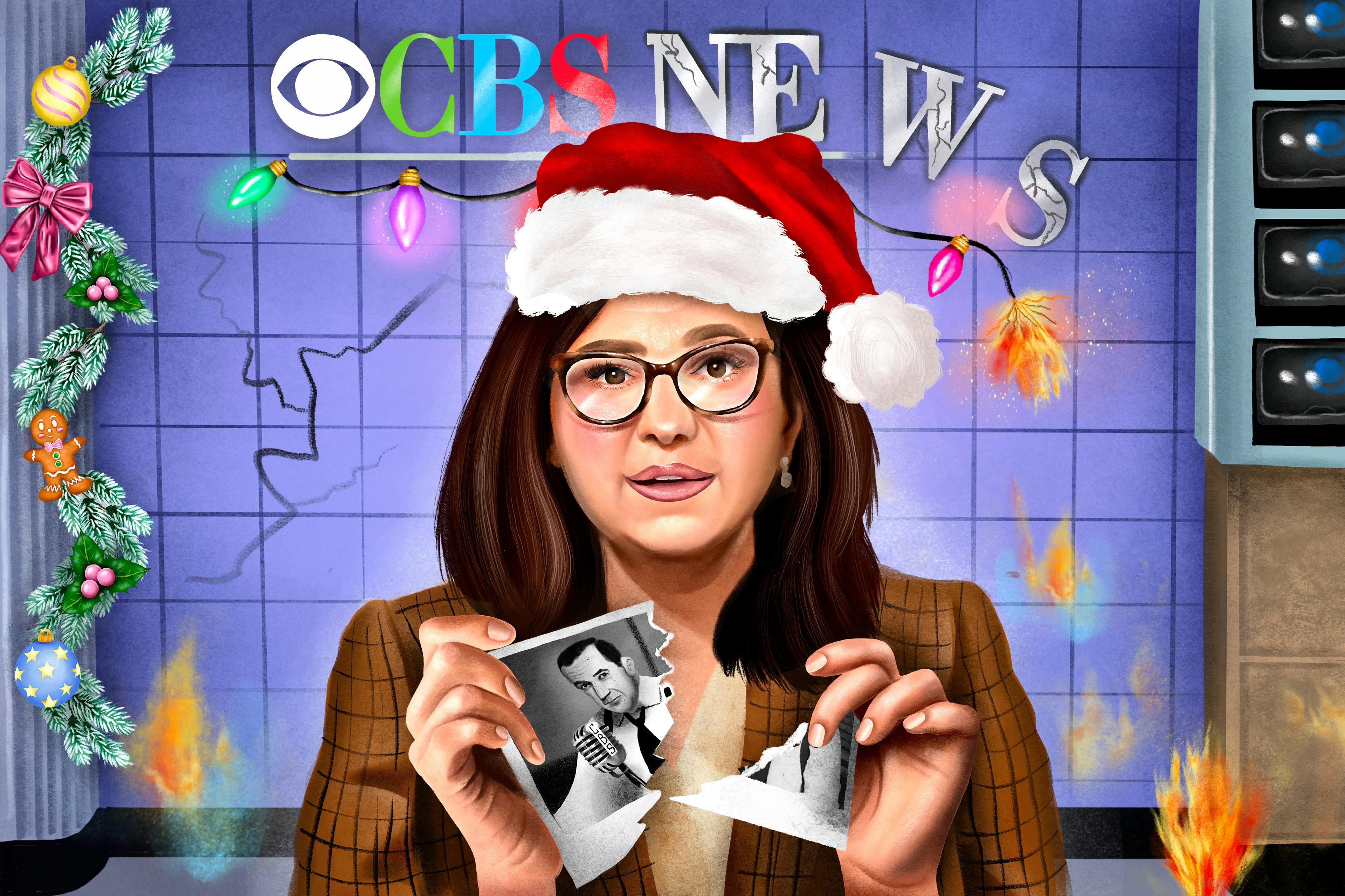 Illustrated portrait of Bari Weiss at a CBS news desk tearing up a photo of Edward R. Murrow