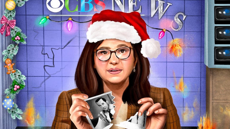 Illustrated portrait of Bari Weiss at a CBS news desk tearing up a photo of Edward R. Murrow