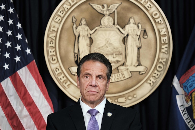 A close up of Governor Andrew Cuomo at a press conference.