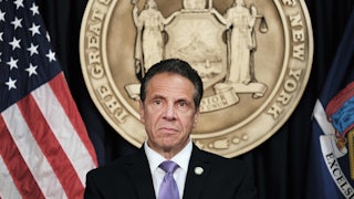 A close up of Governor Andrew Cuomo at a press conference.