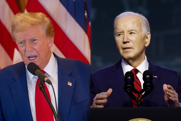 Donald Trump and Joe Biden splitscreen (both are speaking in front of mics)