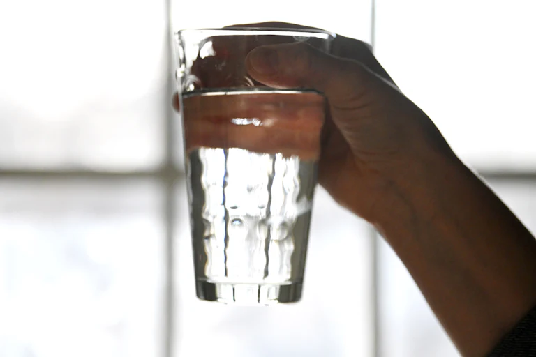 A person holds up a glass of water