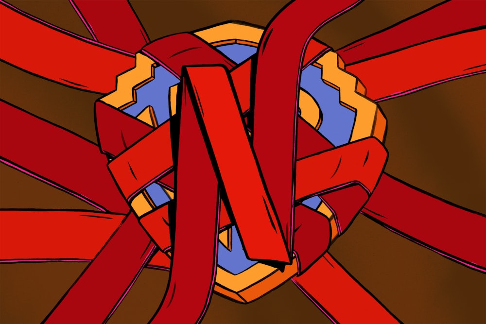 An illustration of red ribbons in the style of the Netflix logo wrapped around and covering a Warner Brothers logo
