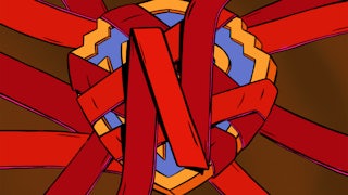 An illustration of red ribbons in the style of the Netflix logo wrapped around and covering a Warner Brothers logo
