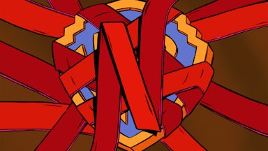 An illustration of red ribbons in the style of the Netflix logo wrapped around and covering a Warner Brothers logo