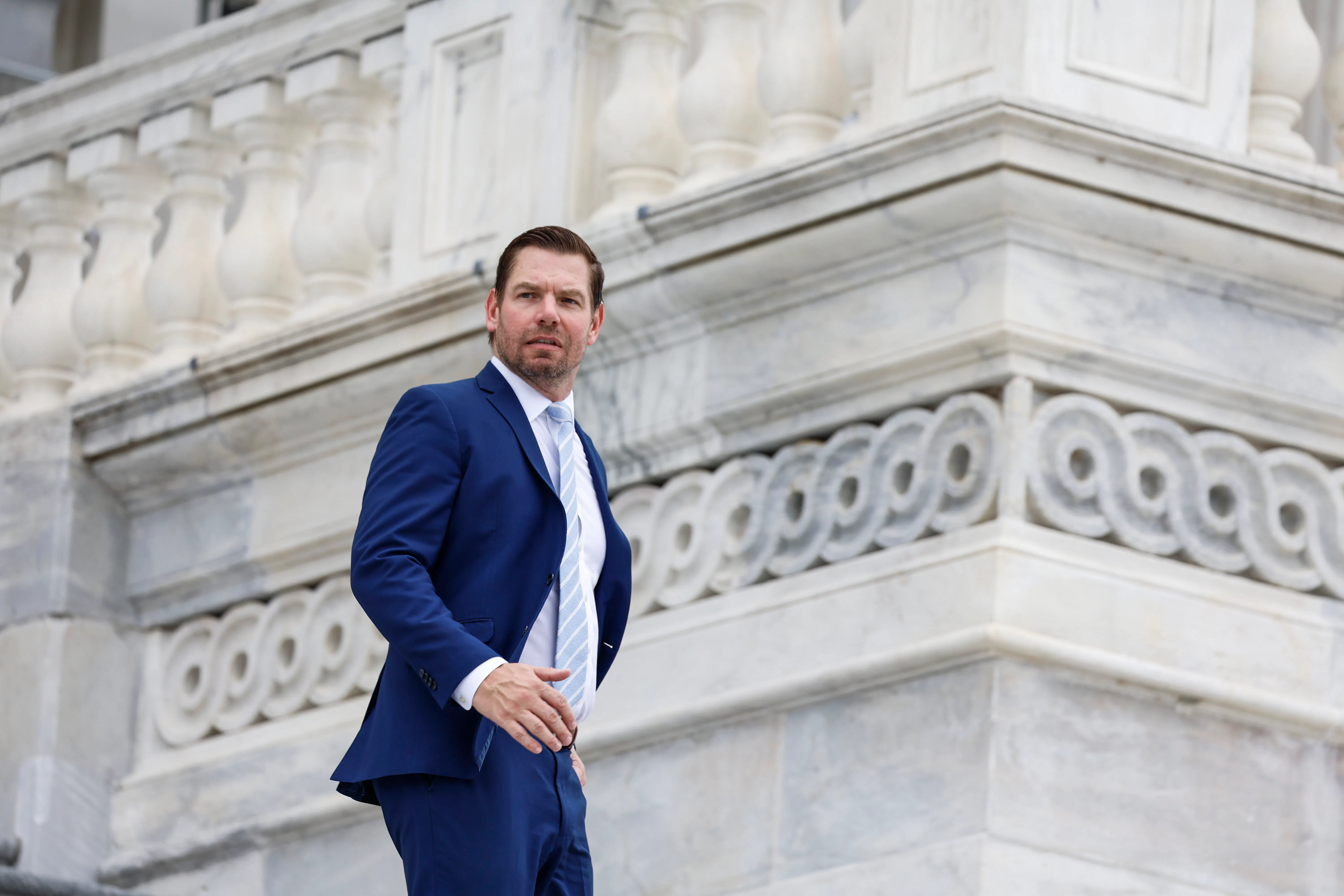 Representative Eric Swalwell on the steps of the Capitol