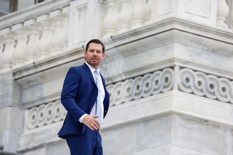 Representative Eric Swalwell on the steps of the Capitol
